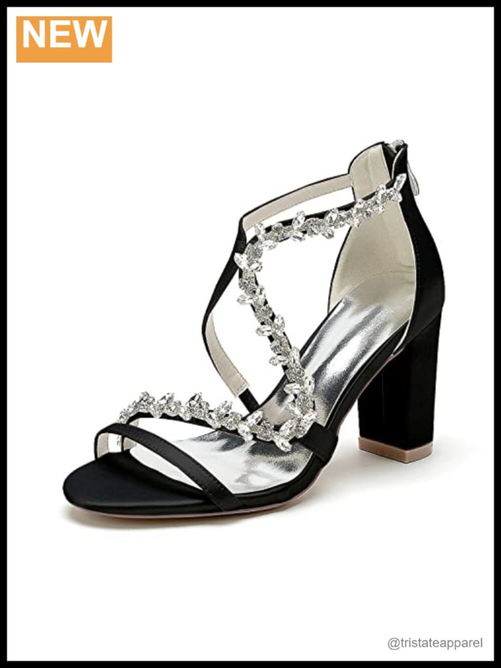Rhinestone Open Toe Satin Block Chunky Wedding Heels Ankle Strap High Pumps